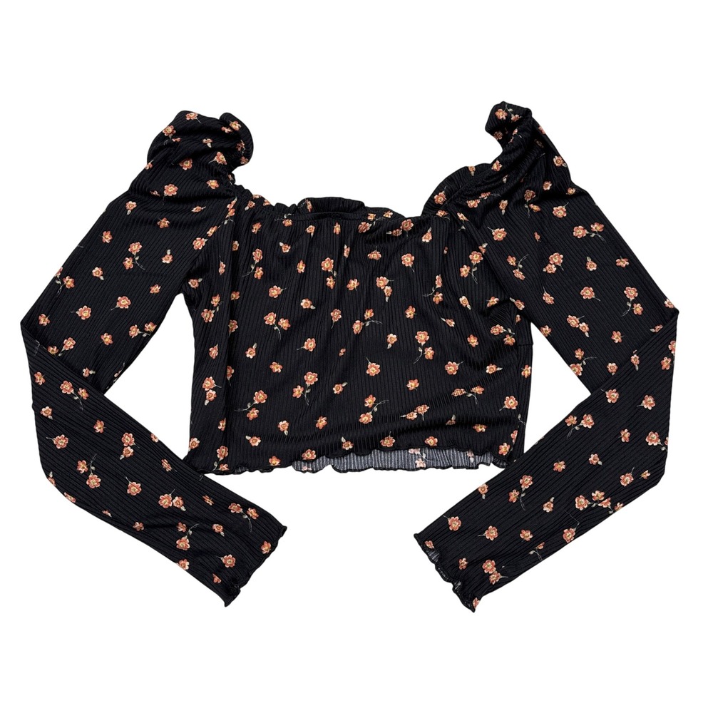 All in Favor Top Womens Size Large Black Floral Babydoll Y2K Cropped Long Sleeve - Picture 2 of 6